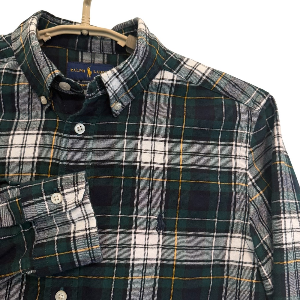 Ralph Lauren Performance Kids Boys L 14-16 Green Navy Plaid Button Down Shirt
